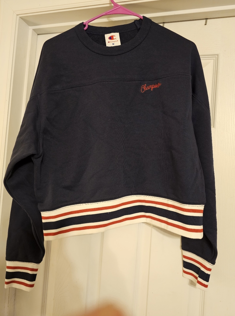 NWT Champion Navy Crewneck Cropped Sweatshirt w/Red & White Stripe Hem. Size:M.